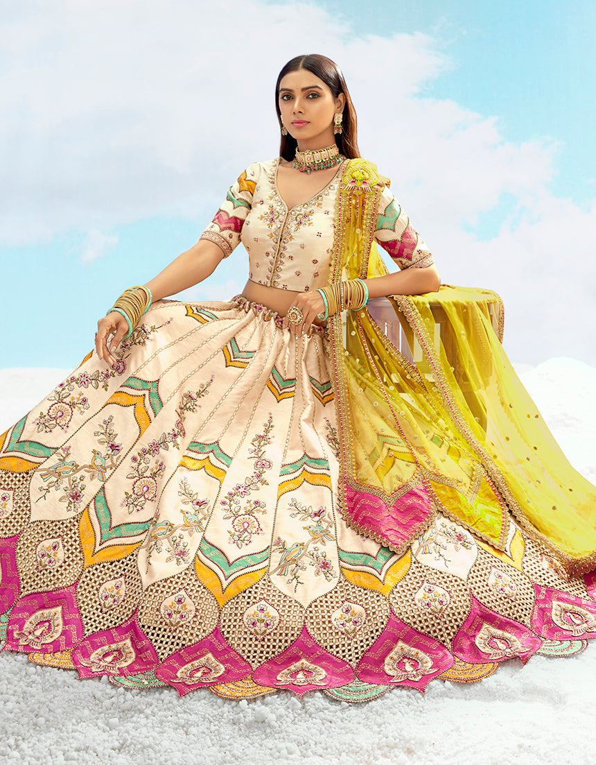 Monjolika Fashion Ivory & Yellow Silk Heavy Embroidered Wedding Lehenga Choli