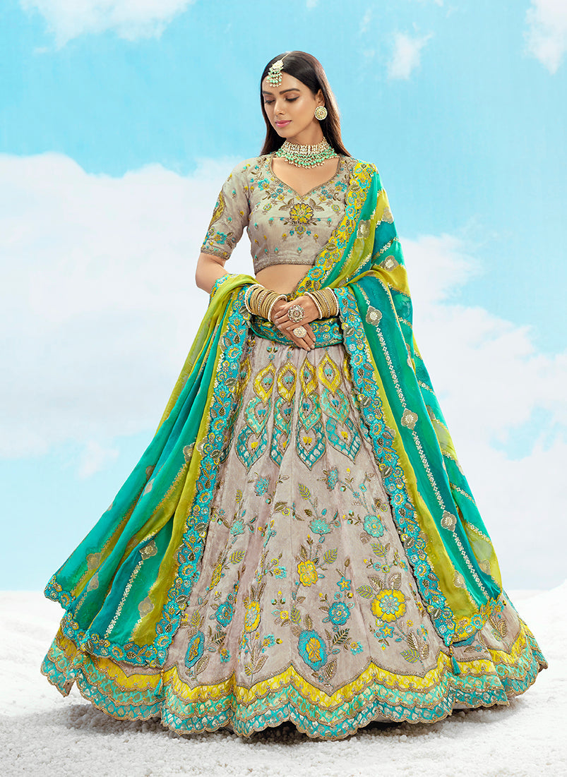 Monjolika Fashion Light Grey & Sea Green Silk Bridal Lehenga Choli with Sequence Embroidery