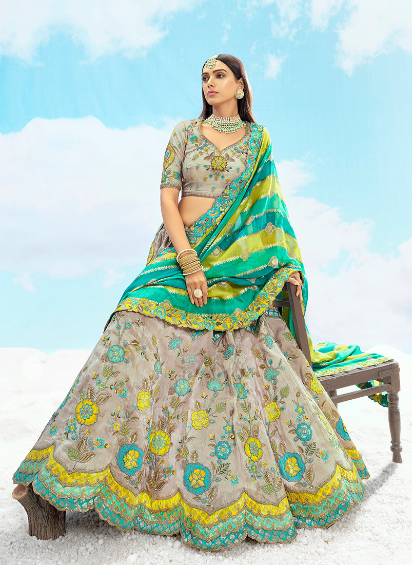 Monjolika Fashion Light Grey & Sea Green Silk Bridal Lehenga Choli with Sequence Embroidery