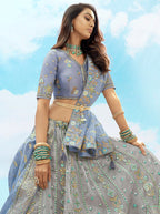 Monjolika Fashion Grey & Light Blue Silk Heavy Embroidered Wedding Lehenga Choli