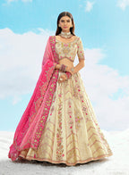 Monjolika Fashion Cream & Pink Silk Wedding Lehenga Choli with Embroidery & Stone Work