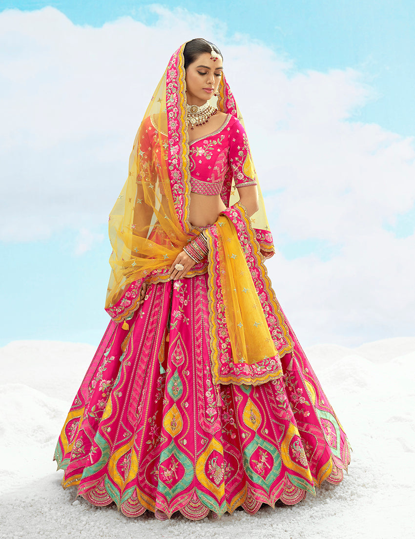 Monjolika Fashion Rani Pink Silk Embroidered Reception Lehenga Choli