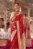 Monjolika Fashion Red Bandhej Print Silk Blend Ceremonial Contemporary Saree