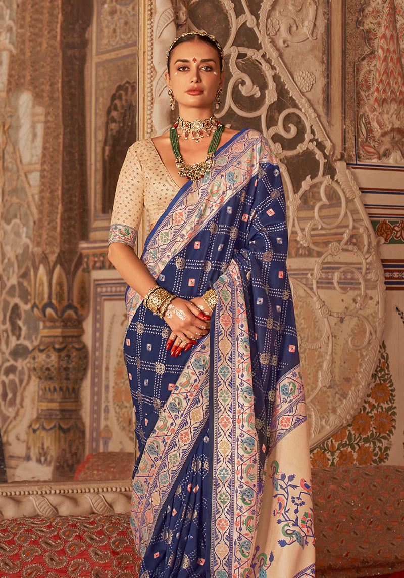 Monjolika Fashion Navy Blue Bandhej Print Silk Blend Ceremonial Contemporary Saree