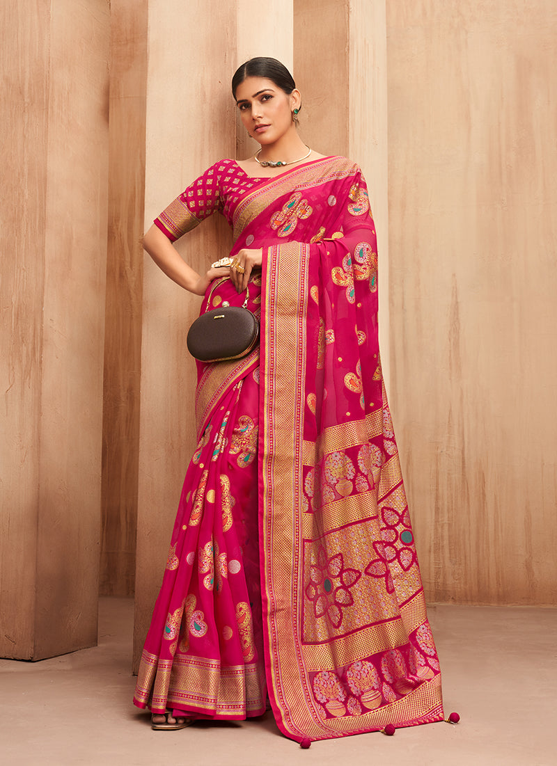 Monjolika Fashion Georgette Traditional Saree with Woven Work for Festival in Rani Pink