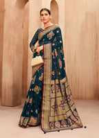Monjolika Fashion Georgette Traditional Saree with Woven Work for Festival in Teal