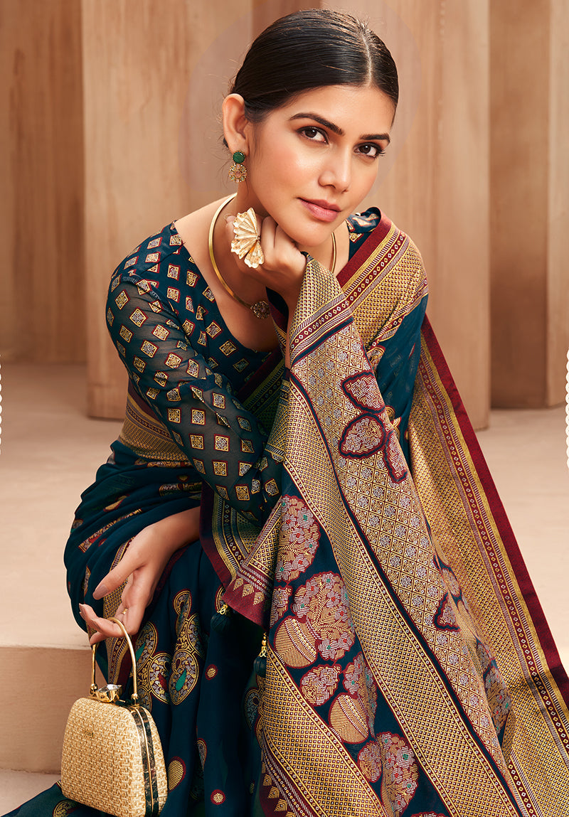Monjolika Fashion Georgette Traditional Saree with Woven Work for Festival in Teal