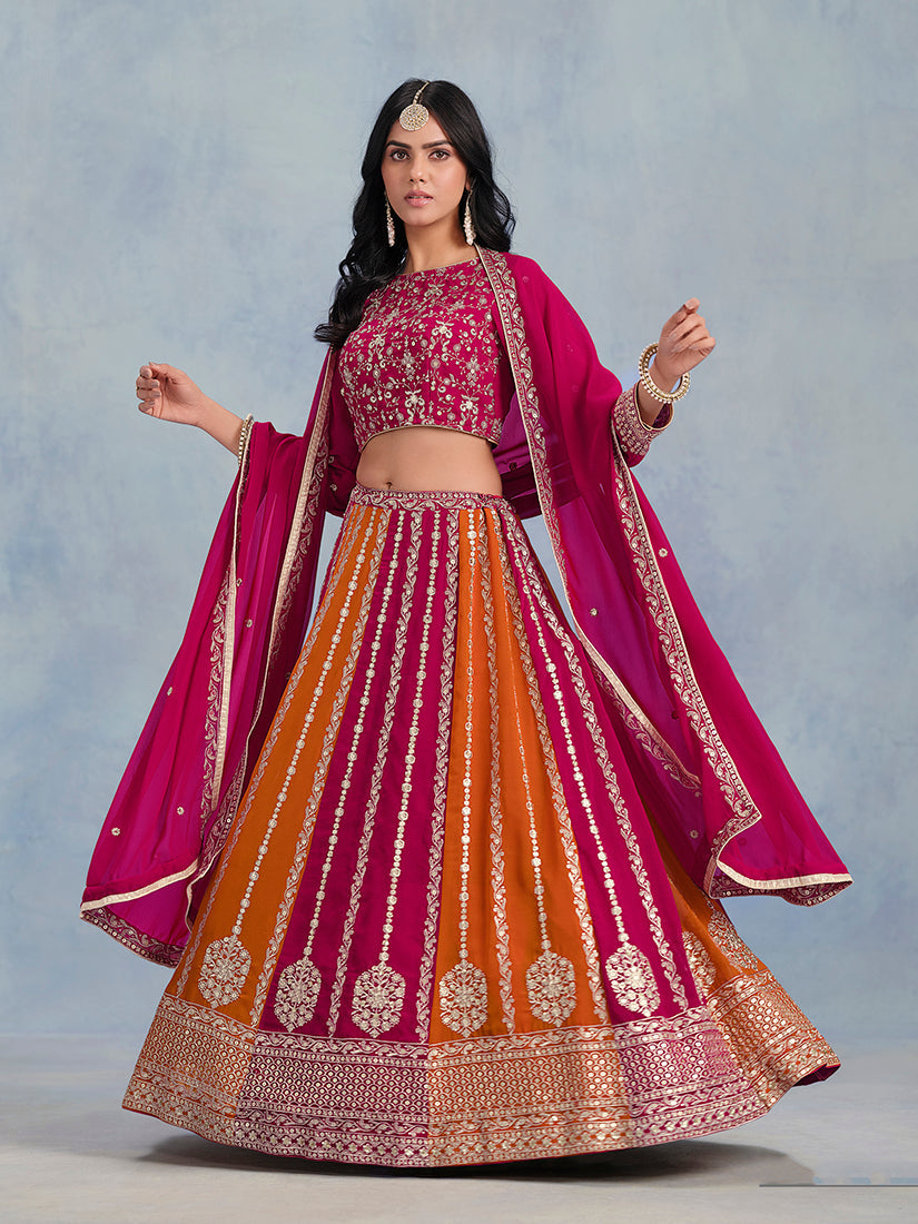 Monjolika Fashion Rani Pink Embroidered Faux Georgette Lehenga Choli