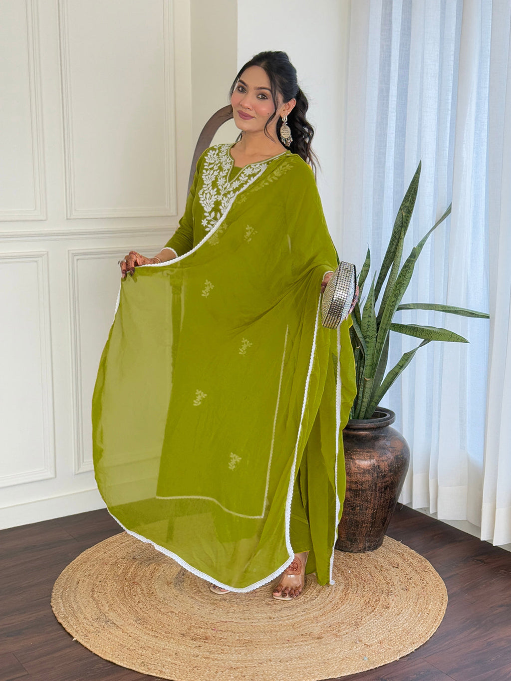 The52 Gorgeous Chikankari Work with Pure Cotton Fabric Straight Kurta, Pant and Dupatta Set - Distacart