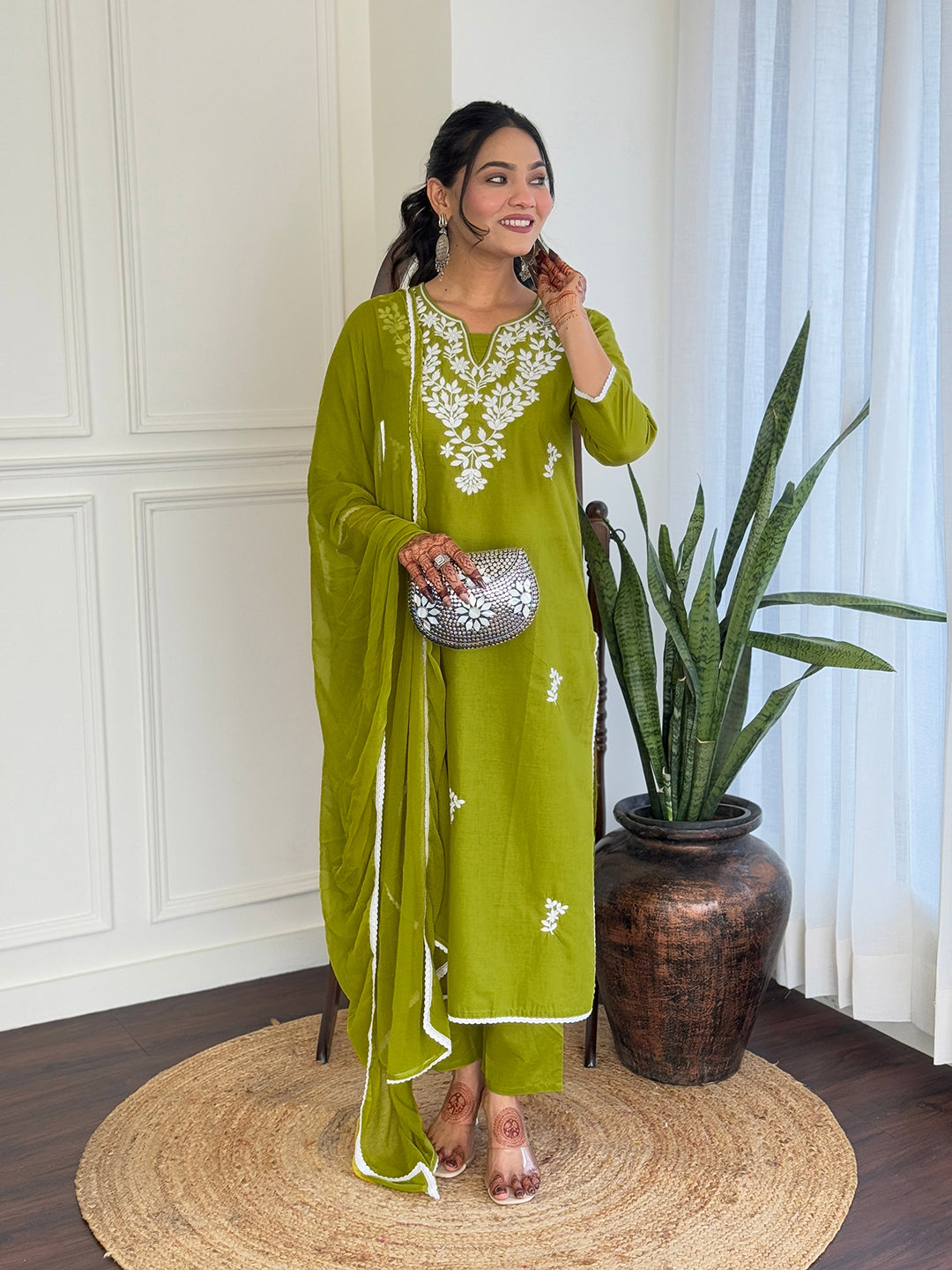 The52 Gorgeous Chikankari Work with Pure Cotton Fabric Straight Kurta, Pant and Dupatta Set - Distacart
