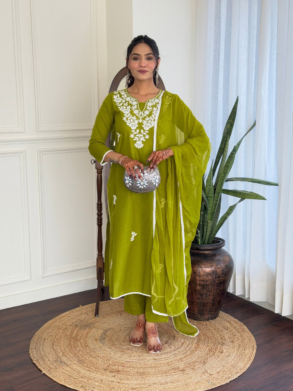 The52 Gorgeous Chikankari Work with Pure Cotton Fabric Straight Kurta, Pant and Dupatta Set - Distacart