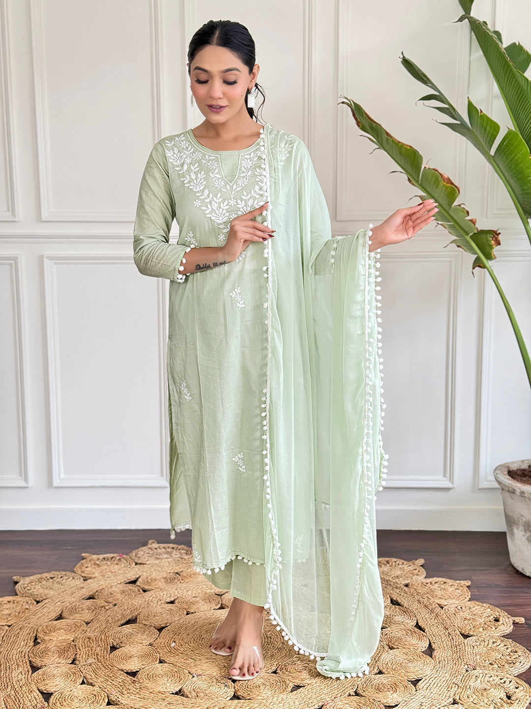 The52 Gorgeous Chikankari Work with Pure Cotton Fabric Straight Kurta, Pant and Dupatta Set - Distacart