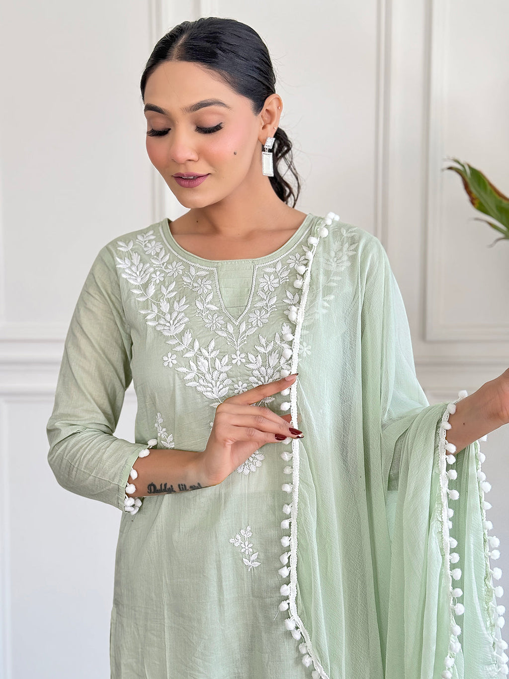 The52 Gorgeous Chikankari Work with Pure Cotton Fabric Straight Kurta, Pant and Dupatta Set - Distacart