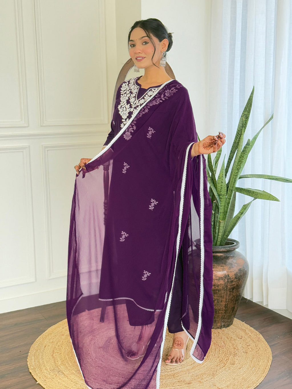 The52 Gorgeous Chikankari Work with Pure Cotton Fabric Straight Kurta, Pant and Dupatta Set - Distacart