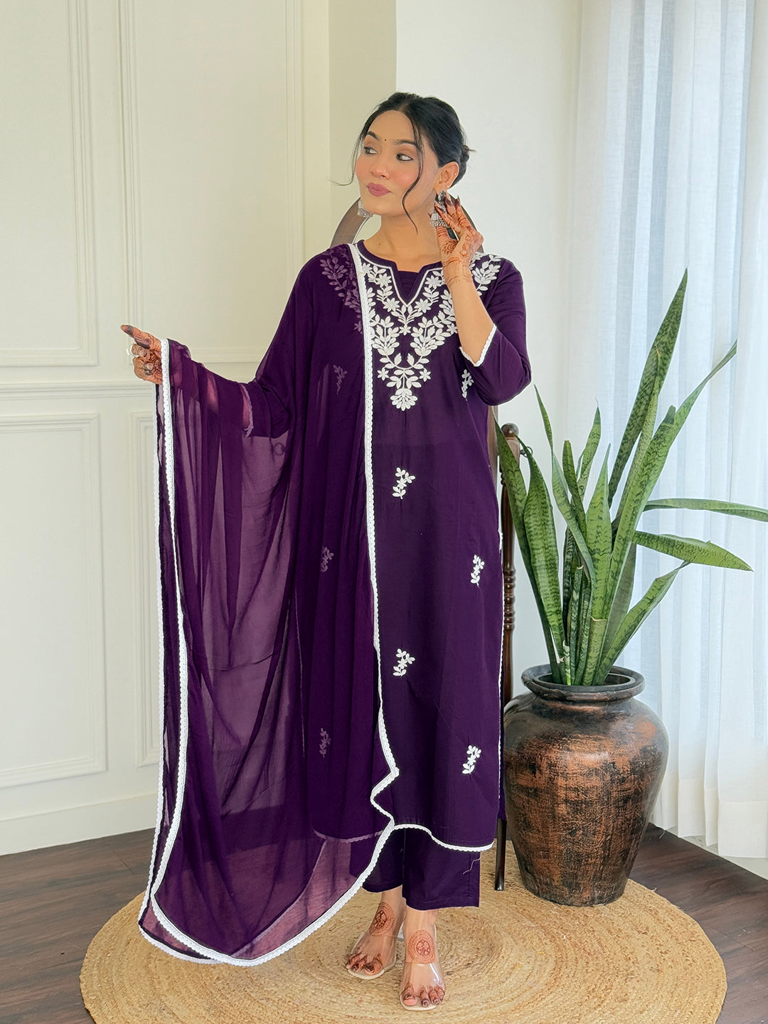 The52 Gorgeous Chikankari Work with Pure Cotton Fabric Straight Kurta, Pant and Dupatta Set - Distacart