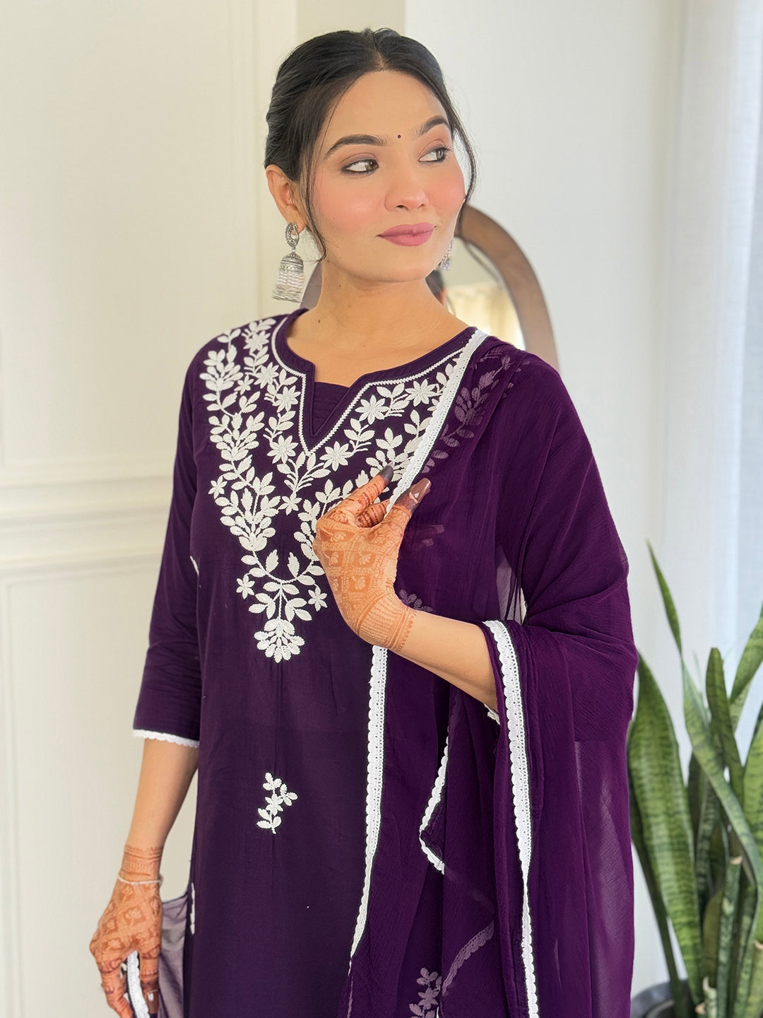 The52 Gorgeous Chikankari Work with Pure Cotton Fabric Straight Kurta, Pant and Dupatta Set - Distacart