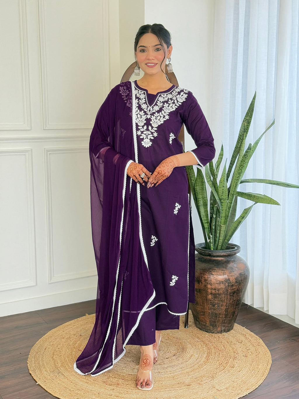 The52 Gorgeous Chikankari Work with Pure Cotton Fabric Straight Kurta, Pant and Dupatta Set - Distacart