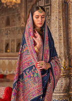 Monjolika Fashion Navy Blue Printed Silk Blend Embellished Saree
