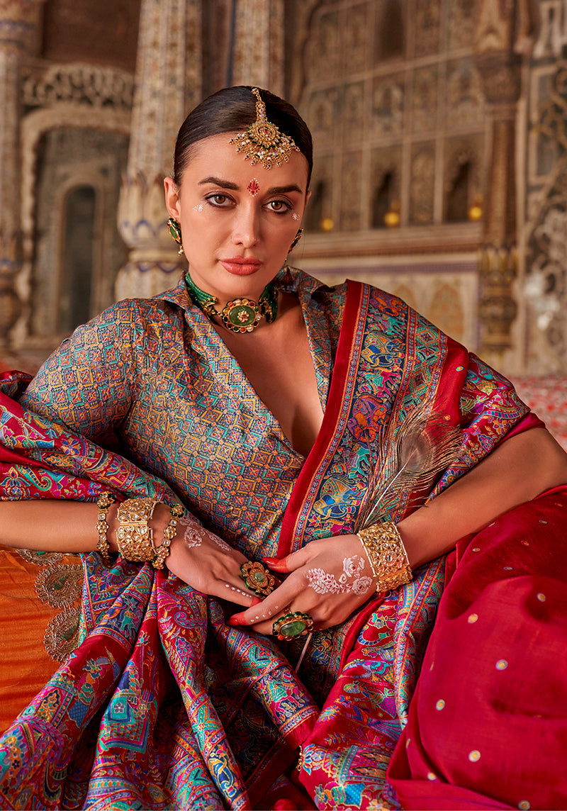 Monjolika Fashion Crimson Red Printed Silk Blend Embellished Saree
