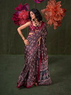 Monjolika Fashion Black Satin Crepe Printed Contemporary Saree