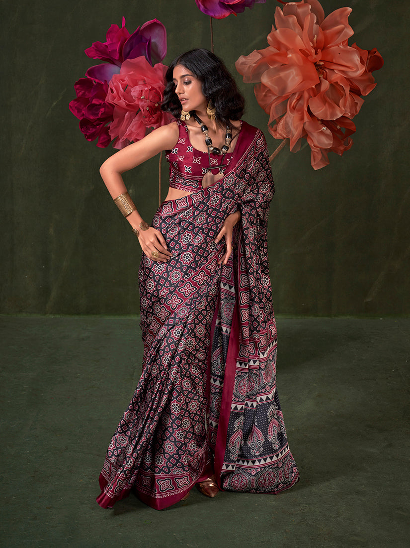 Monjolika Fashion Black Satin Crepe Printed Contemporary Saree