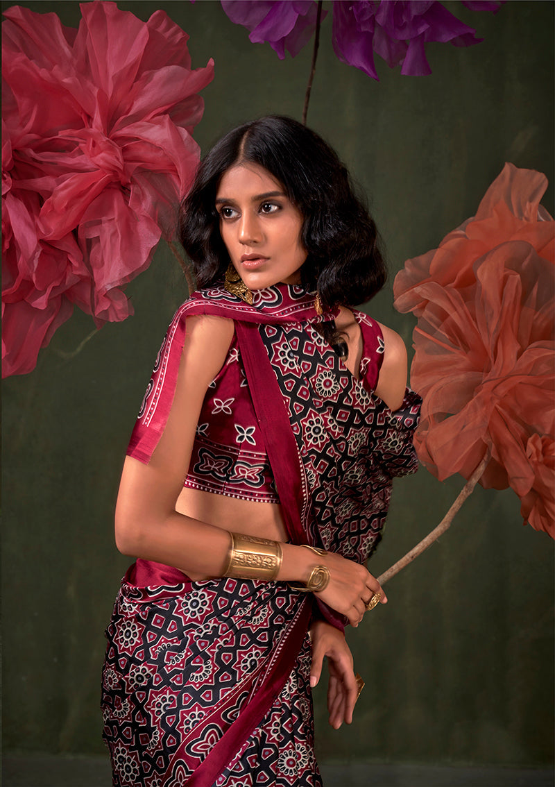 Monjolika Fashion Black Satin Crepe Printed Contemporary Saree