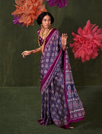 Monjolika Fashion Navy Blue Satin Crepe Printed Contemporary Saree