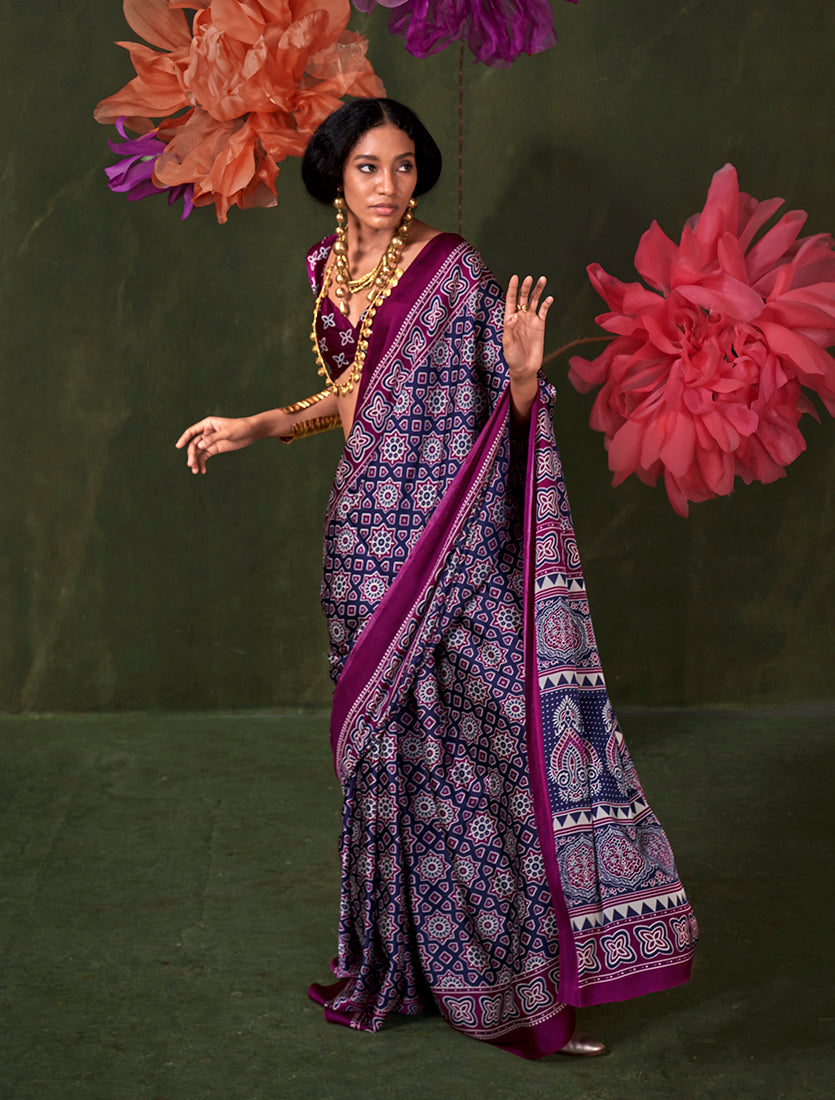Monjolika Fashion Navy Blue Satin Crepe Printed Contemporary Saree