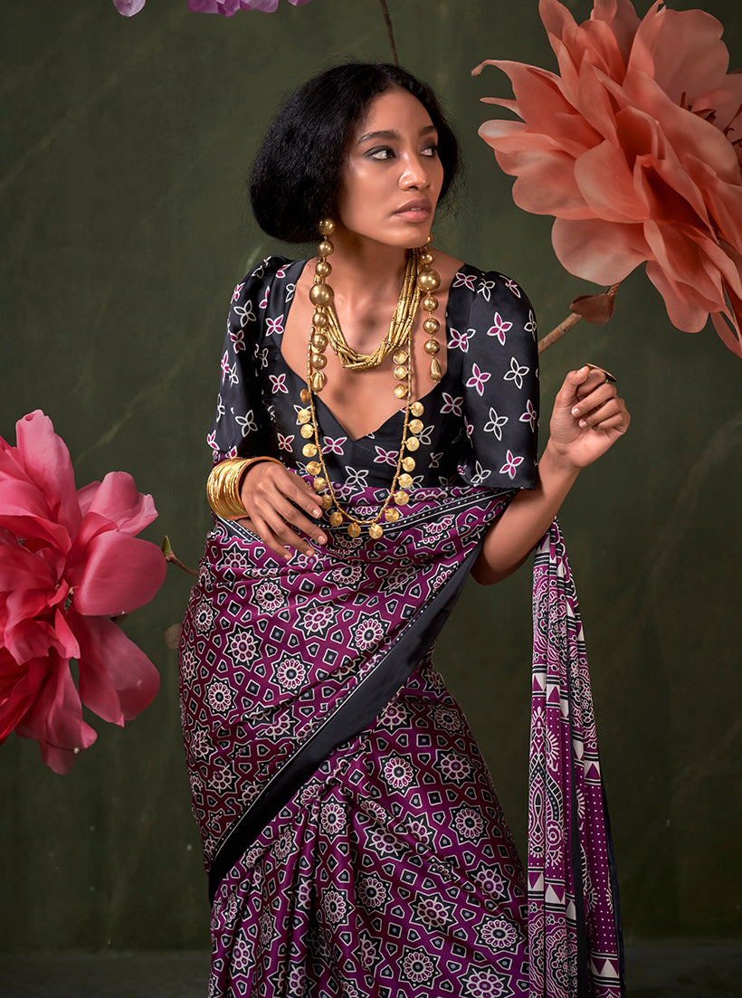 Monjolika Fashion Purple Satin Crepe Printed Contemporary Saree