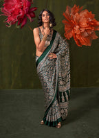 Monjolika Fashion Dark Green Satin Crepe Printed Contemporary Saree