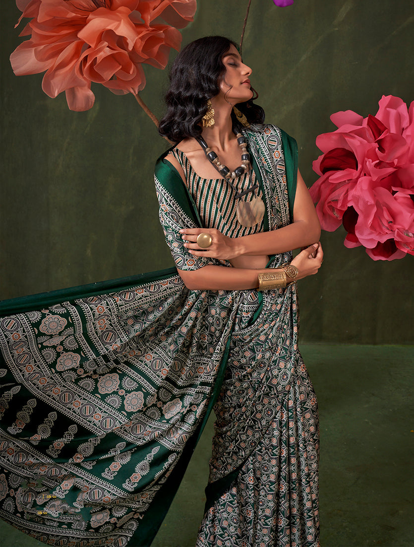 Monjolika Fashion Dark Green Satin Crepe Printed Contemporary Saree