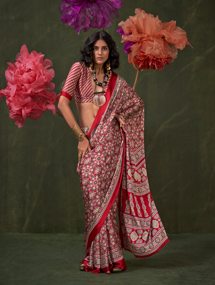 Monjolika Fashion Red Satin Crepe Printed Contemporary Saree