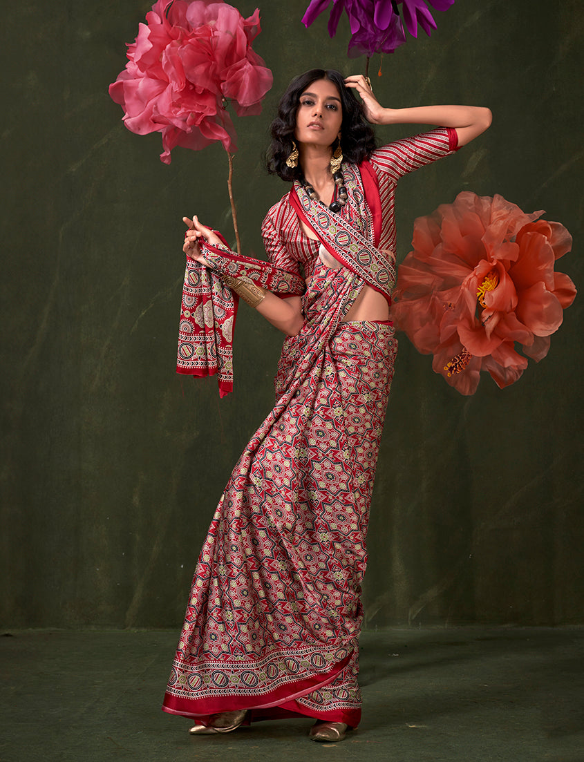 Monjolika Fashion Red Satin Crepe Printed Contemporary Saree