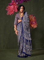 Monjolika Fashion Blue Satin Crepe Printed Contemporary Saree
