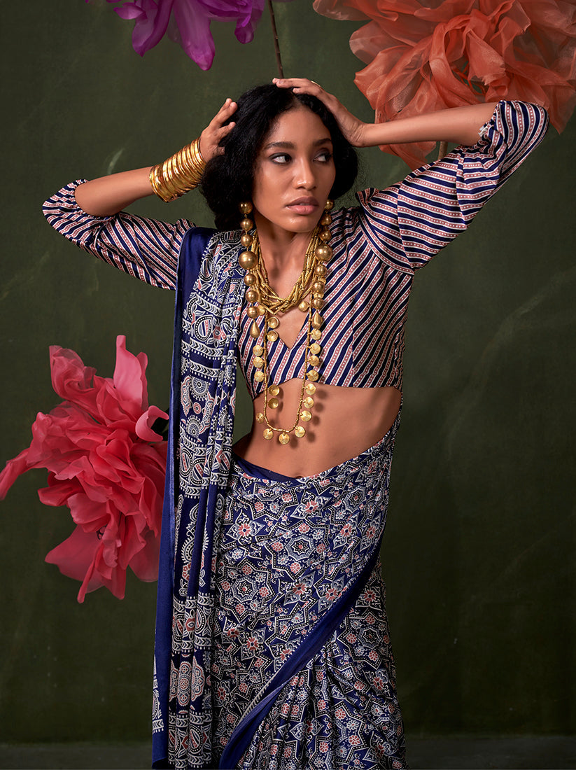 Monjolika Fashion Blue Satin Crepe Printed Contemporary Saree