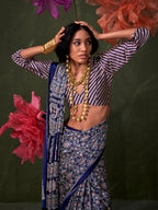 Monjolika Fashion Blue Satin Crepe Printed Contemporary Saree