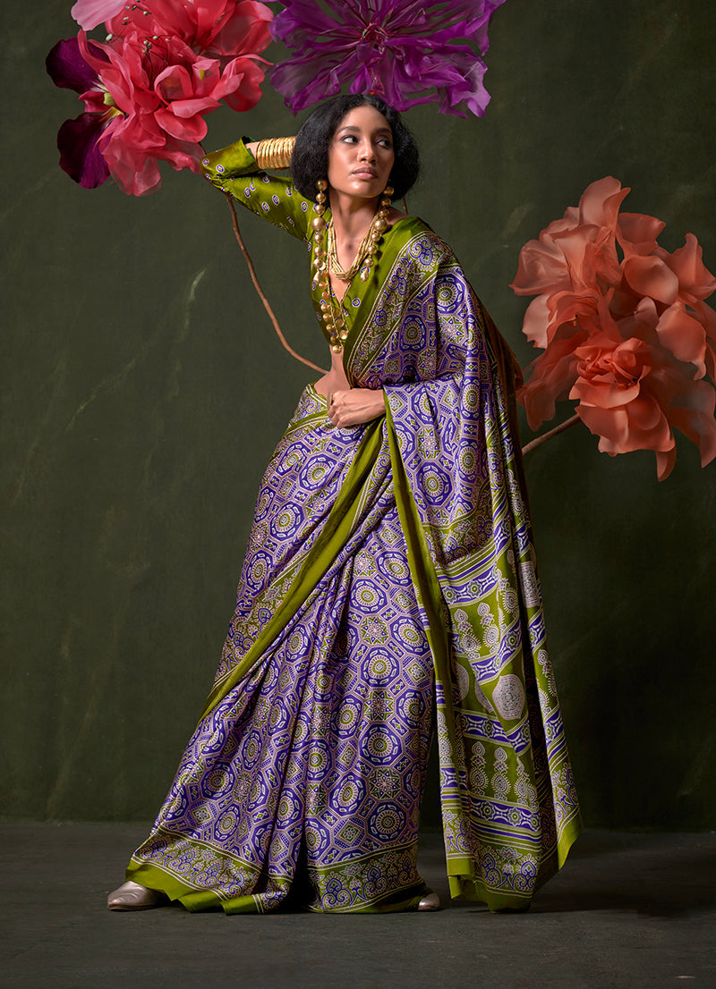 Monjolika Fashion Violet Satin Crepe Printed Contemporary Saree