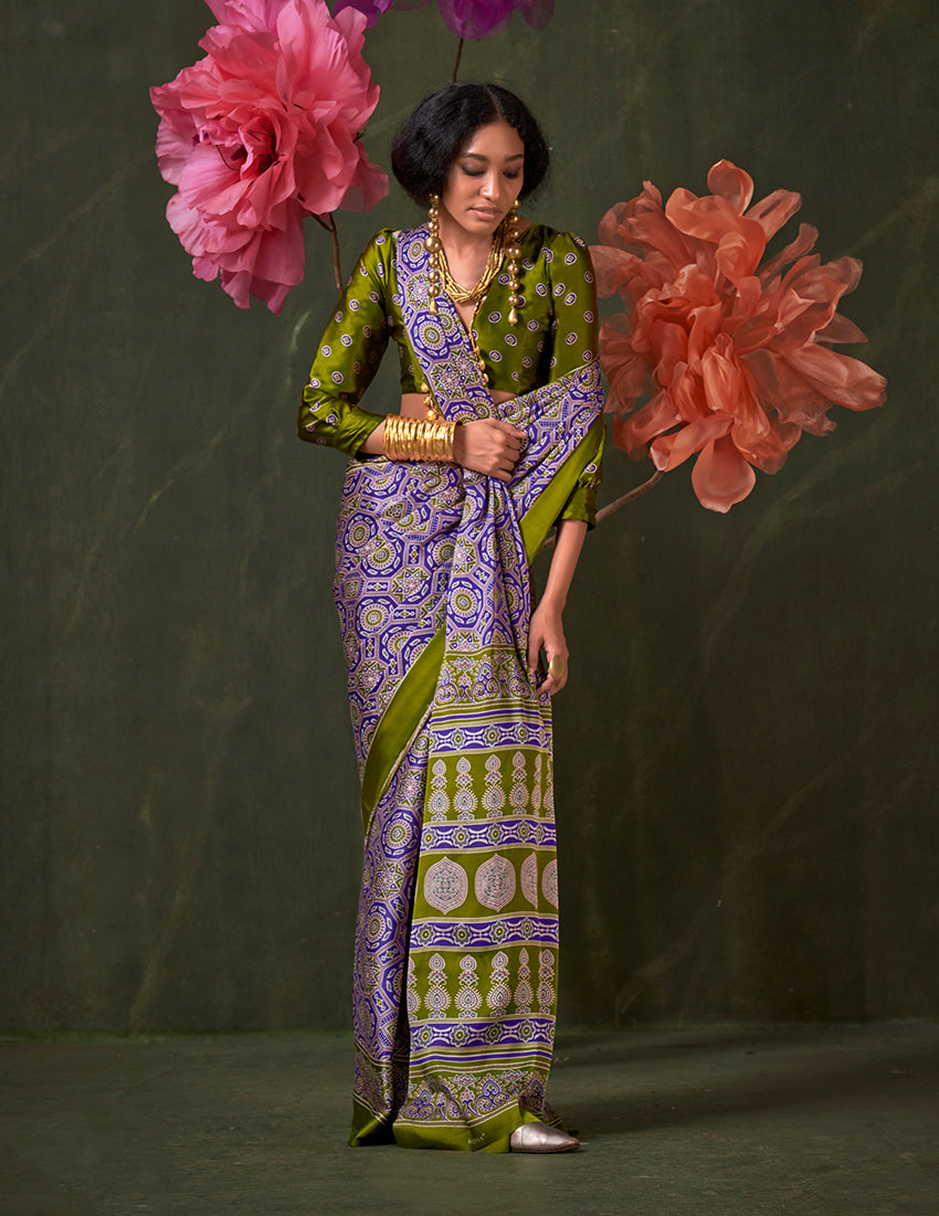 Monjolika Fashion Violet Satin Crepe Printed Contemporary Saree