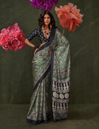 Monjolika Fashion Green Satin Crepe Printed Contemporary Saree