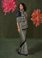 Monjolika Fashion Green Satin Crepe Printed Contemporary Saree