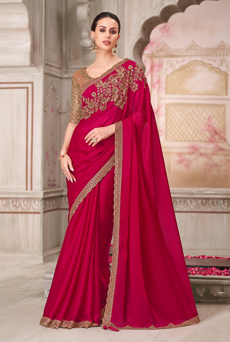 Monjolika Fashion Rani Pink Embroidered Sequins Satin Silk Classic Saree - Distacart