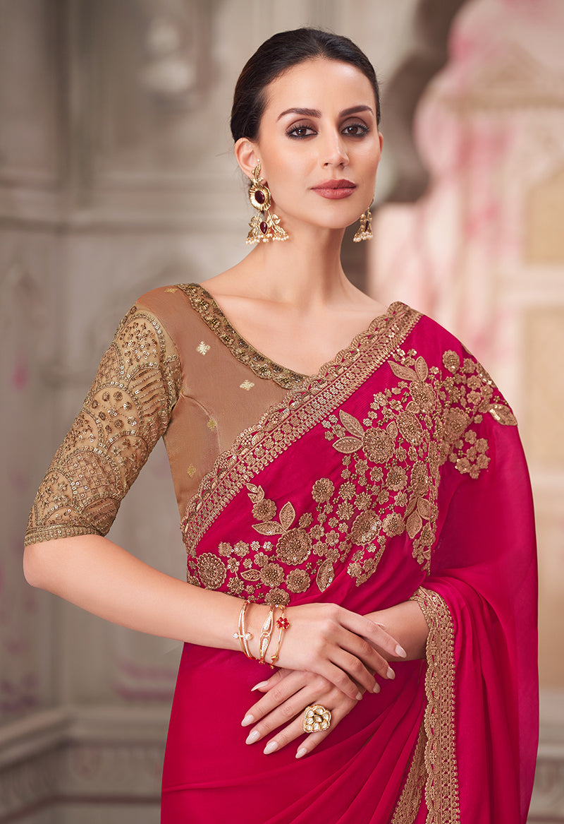 Monjolika Fashion Rani Pink Embroidered Sequins Satin Silk Classic Saree - Distacart