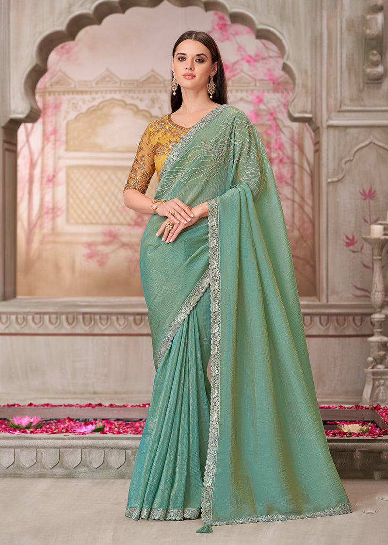 Monjolika Fashion Sea Green Embroidered Sequins And Stone Work Satin Silk Contemporary Saree - Distacart