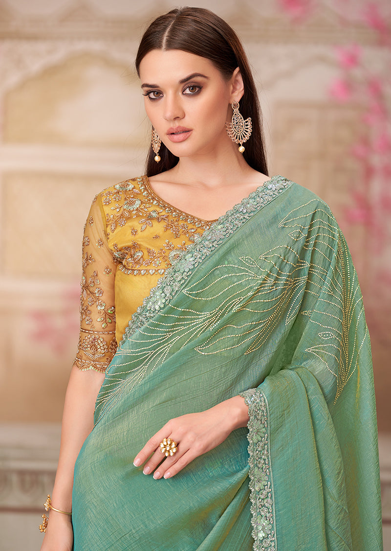 Monjolika Fashion Sea Green Embroidered Sequins And Stone Work Satin Silk Contemporary Saree - Distacart