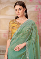 Monjolika Fashion Sea Green Embroidered Sequins And Stone Work Satin Silk Contemporary Saree - Distacart