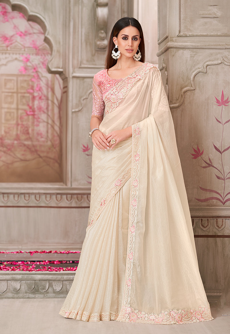Monjolika Fashion Embroidered Satin Silk Off White Designer Saree - Distacart