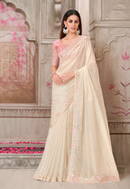 Monjolika Fashion Embroidered Satin Silk Off White Designer Saree - Distacart