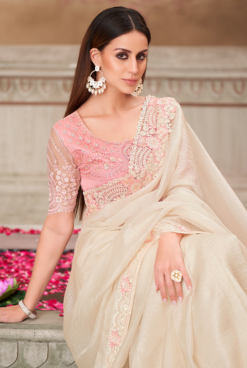 Monjolika Fashion Embroidered Satin Silk Off White Designer Saree - Distacart