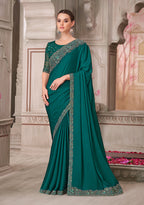 Monjolika Fashion Teal Green Satin Silk Embroidered Sequins Traditional Saree - Distacart