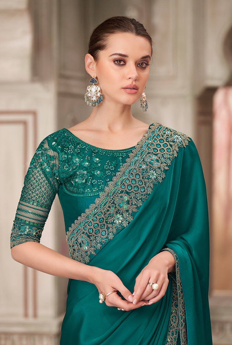 Monjolika Fashion Teal Green Satin Silk Embroidered Sequins Traditional Saree - Distacart